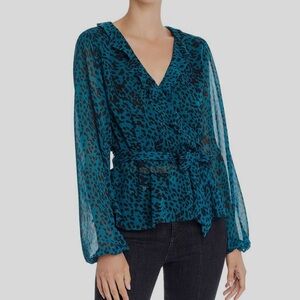 Aqua Teal Leopard Print Ruffle Wrap Long Sleeve Blouse - SMALL